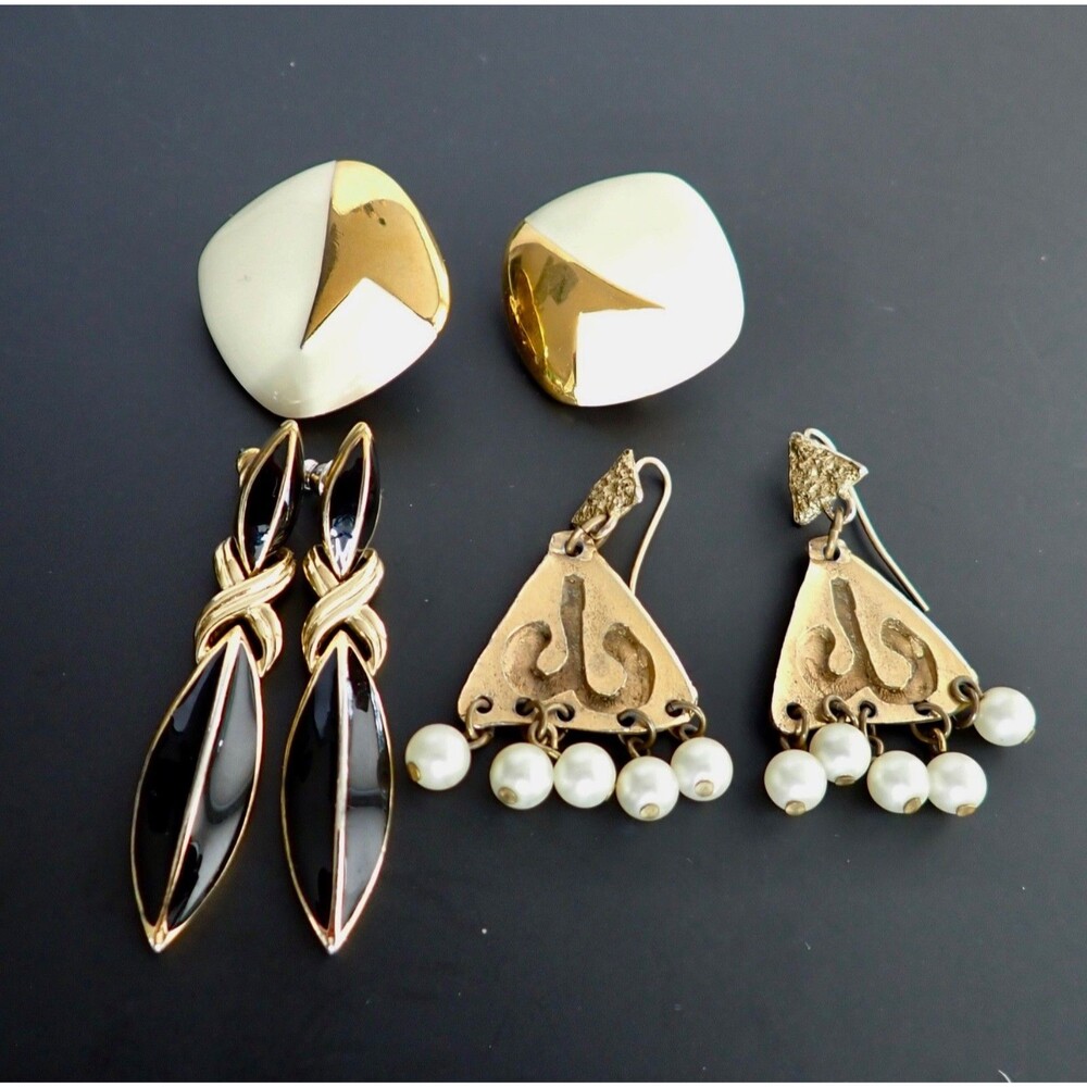 Trifari Monet Gold Tone Black White  Pearl Drop & Post  Fashion 3 Earrings Sets